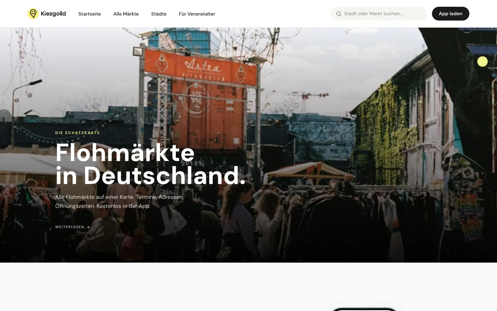 KiezGold Startseite mit Flohmarkt-Karte